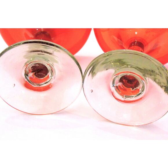 Hand Blown Margarita Glasses 2 Artisan Etched 6.5" Red Glass Bowl Clear Stem Vtg - Picture 3 of 5